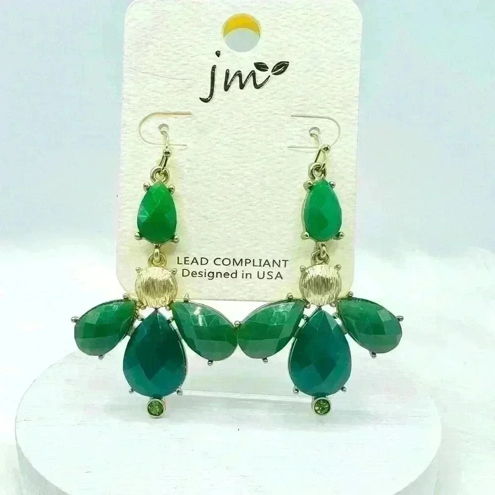 Emerald Green Teardrop Statement Dangle Earrings Gold Tone Boho Glam Jewelry